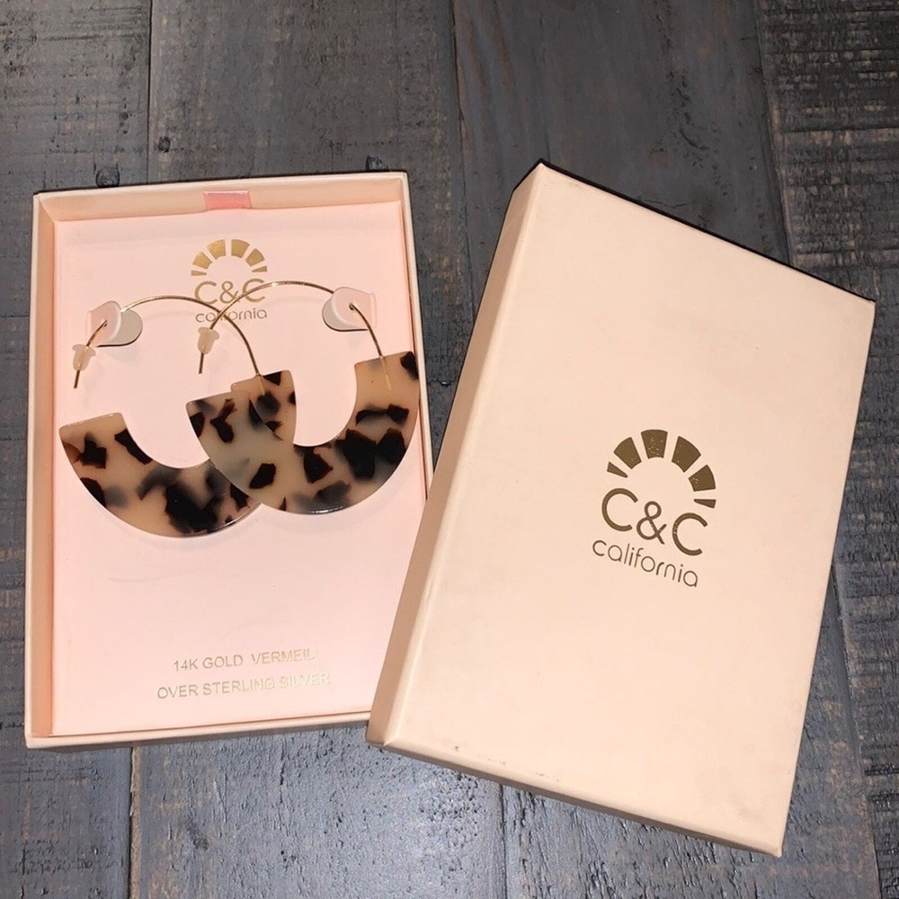 C&C California Tortoise Resin Crescent Hoop Earrings 14K Gold Vermeil 925 Silver